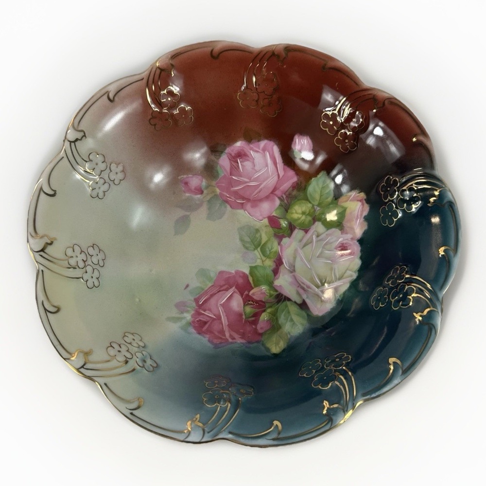Antique CT Altwasser 10" Master Bowl Pink Roses Teal Shaded Ground Gold Gilt